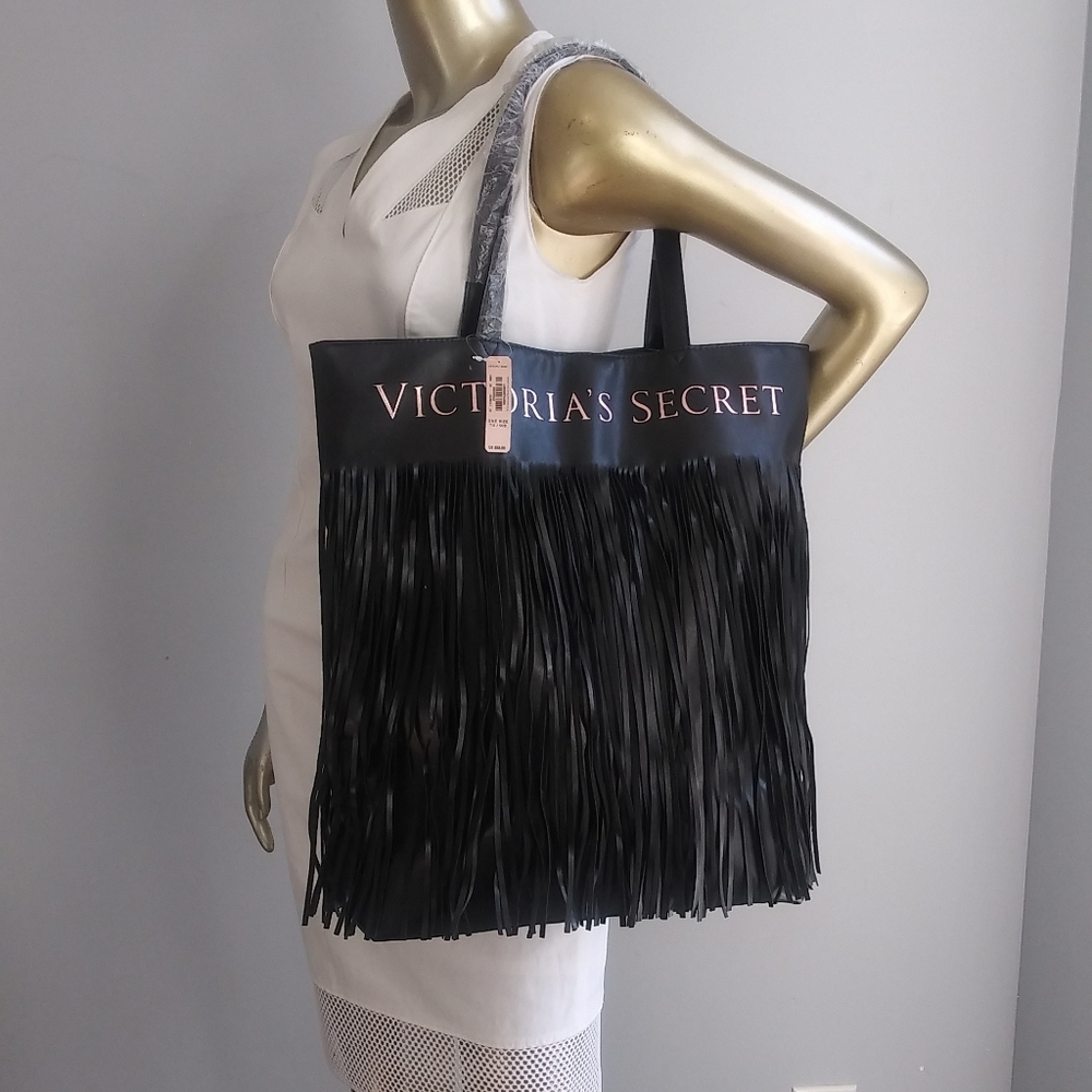 NWT $58 Victoria Secret black fringe large tote - Picture 6 of 16